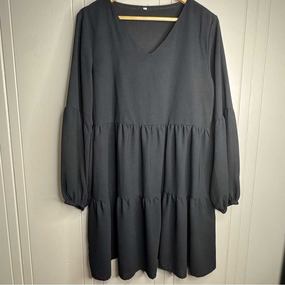 Black V-Neck Baby Doll Dress - Picture 2 of 12